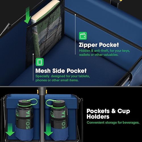 Miniatura 10 de VIVOSUN Carro plegable plegable, utilidad al aire libre con ruedas todo terreno, mango ajustable, portavasos y bolsillos laterales, para campamento,