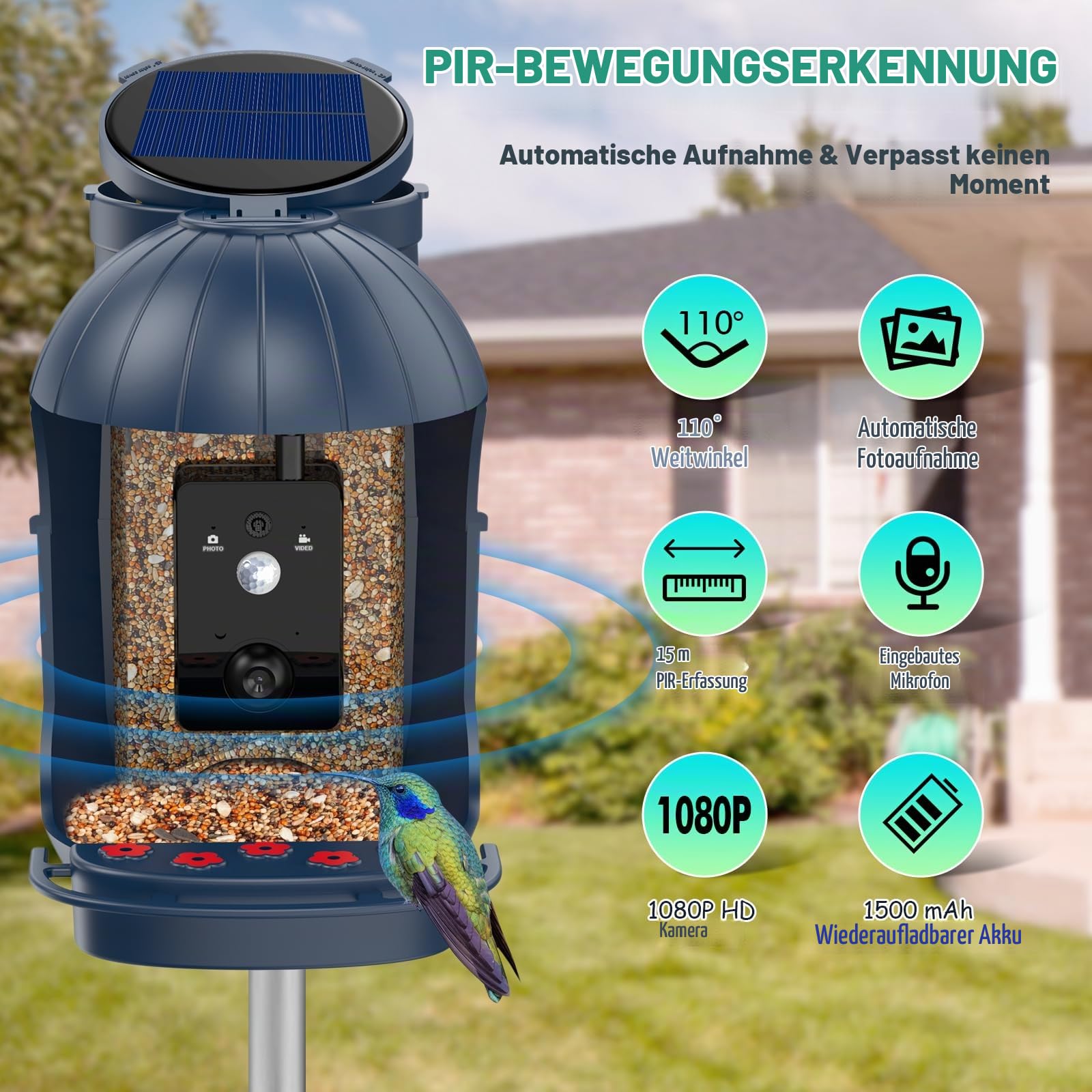 Vogelhaus mit Kamera, Nistkasten mit Kamera für Garten, Futterstationen für Wildvögel Solarpanel and Batterie Dual Power | 1080P HD Automatische Video/Fotoaufnahme | 32GB SD, Smart Bird Feeder (Blue)