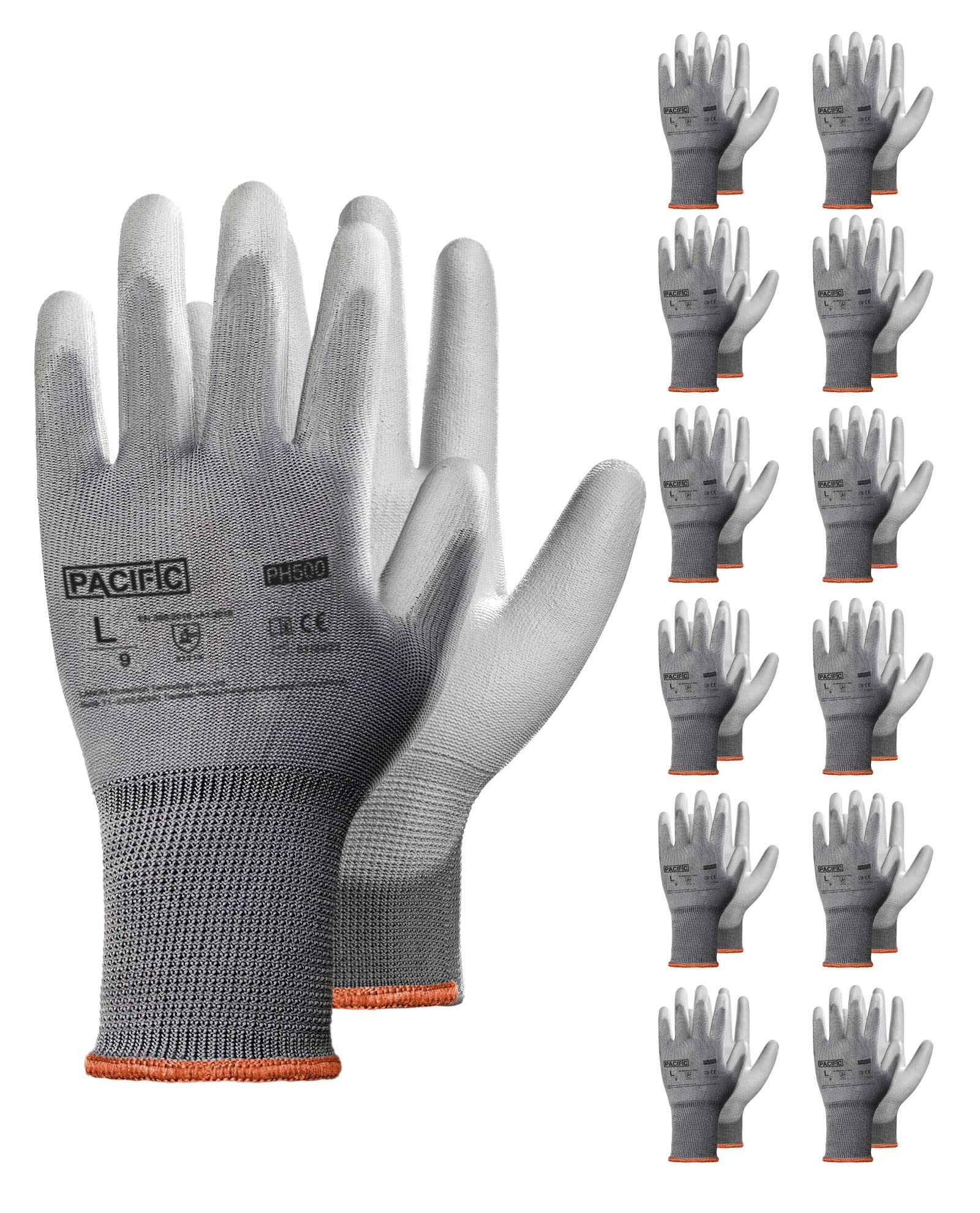 PACIFIC 12 Paar PU Beschichtete Sicherheitshandschuhe, Mehrzweck Arbeitshandschuhe für Herren, Nahtloses Strick, Power-Grip, Grau, L/9