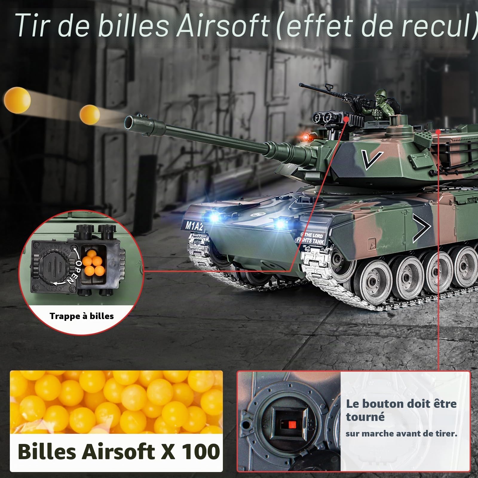 Supdex Tank Telecommande M1A2, RC Char 1/18 Réservoir Télécommandé 2.4Ghz, Maquette Jouets avec Fumée, LumièRes, Réservoir Télécommandé Tir, Sodèle Char de Combat on et Recul pour Enfants et Adultes