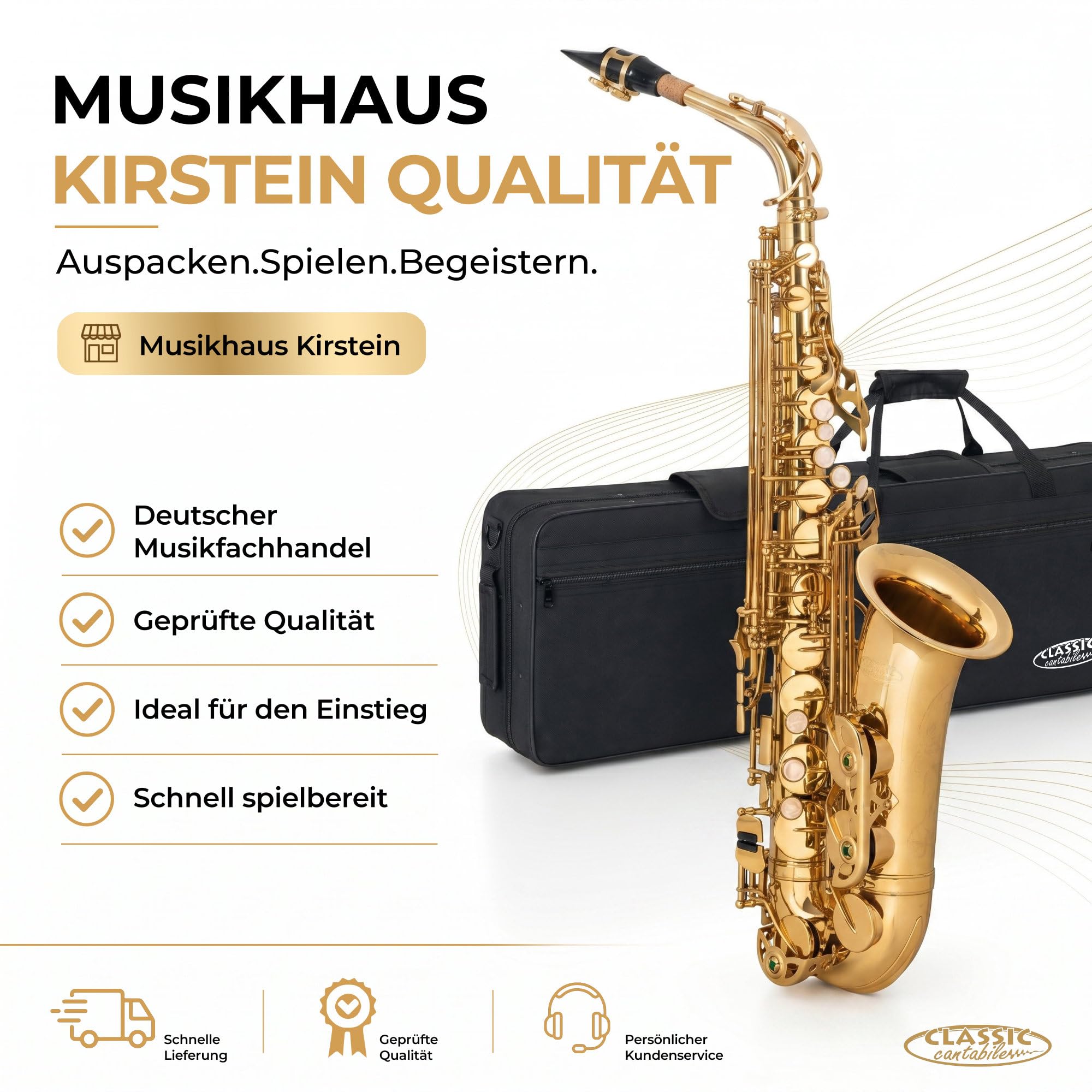 Classic Cantabile AS-450 Eb Saxophone alto en laiton – Accordage : il – Idéal pour les débutants – Mécanisme de clapet ergonomique – Clapet haut – Étui léger, embout, ligature et accessoires