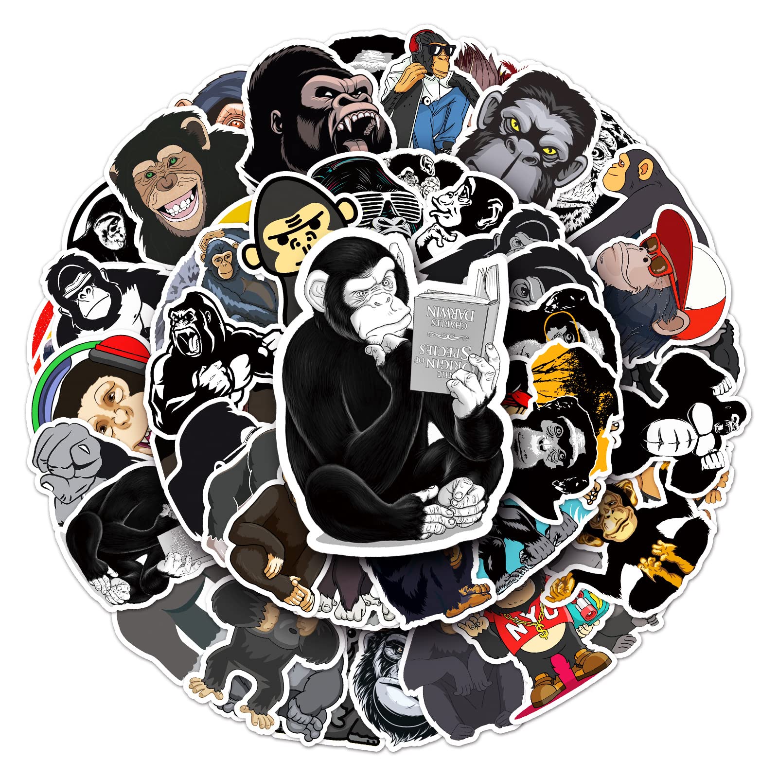 50Pcs Blak Gorilla Stickers Laptop Car Scrapbook Phone Skateboard Suitcase Luggage Bike Wild Animals Stickers Vinyl Waterproof Aesthetic Personalised Stickers for Teens Boys Girls Adults Children