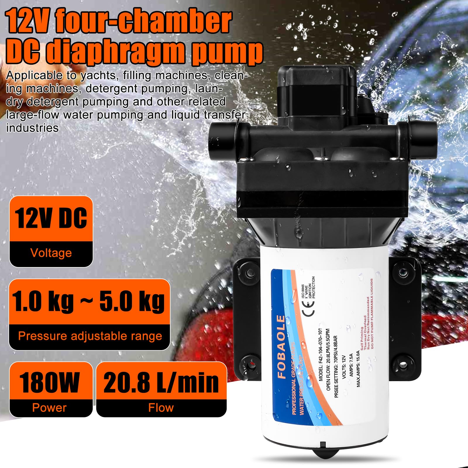 Autocebante de Diafragma, 12V Bomba de Agua y Bombas de Diafragma Neumática, DC 70PSI 5.5GPM Bomba Industrial Autocebante de Presión de Agua, Bombas de Agua para Vehículos RV y Autocaravana