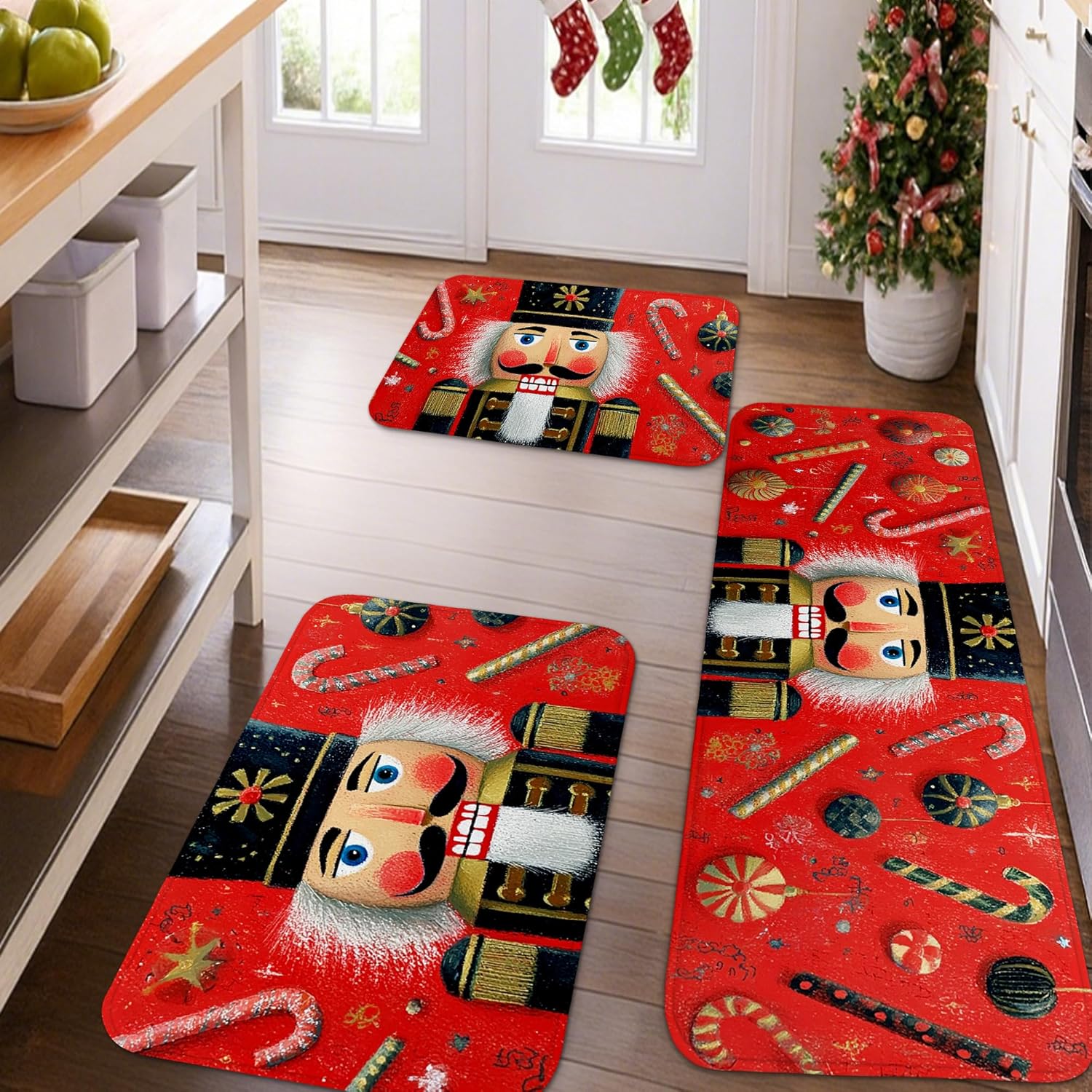 Nutcracker Kitchen Mats for Floor, Festive Candy Cane and Toy Soldier Soft Mats, Cushioned Comfort Washable Non Slip Decor Rugs for Kitchen Sinks Laundry Room Bathroom 3pcs