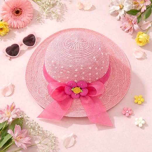 Trubliz Girls Sun Hat for Ages 4–8 – Lightweight Jute Summer Hat with Bow &amp; Ribbon – Breathable Wide Brim Beach Hat for Ki...
