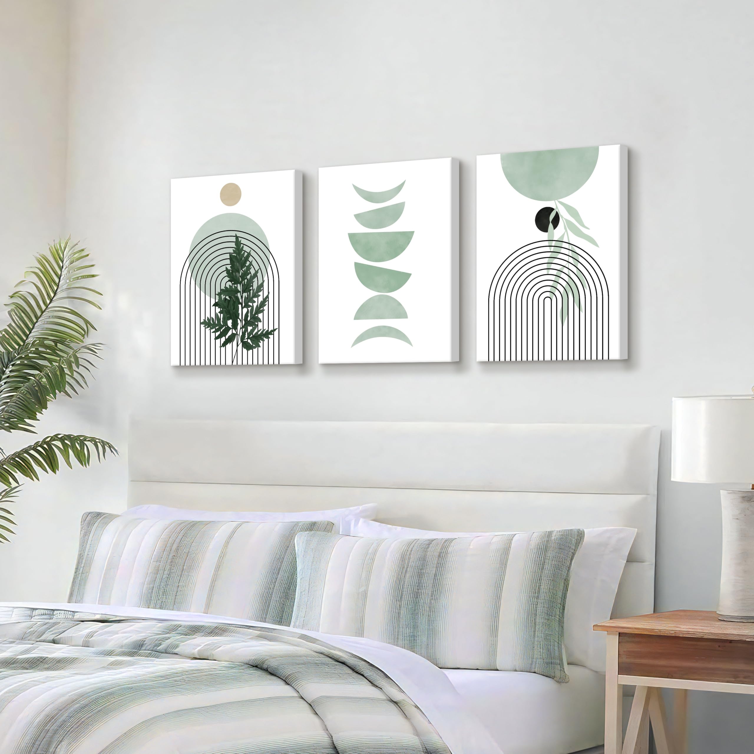 3 Pcs Wooden Framed Canvas Wall Art Set Bohemian Sage Green Canvas Prints Poster Geometric Line Beige Green Pictures for Living Room Bedroom Dinning Room Hallway Stairs Wall Decor 30x40cm x3pcs — view 448
