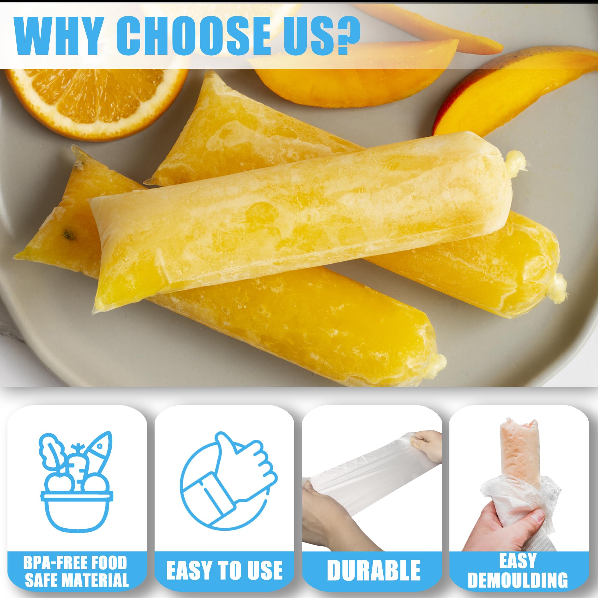 Bolsas de hielo – 100 fundas desechables transparentes de 4 x 12 pulgadas con embudo, tubos de plástico para dulces de hielo para bricolaje, golosinas congeladas caseras, jugo, yogur, palitos 4