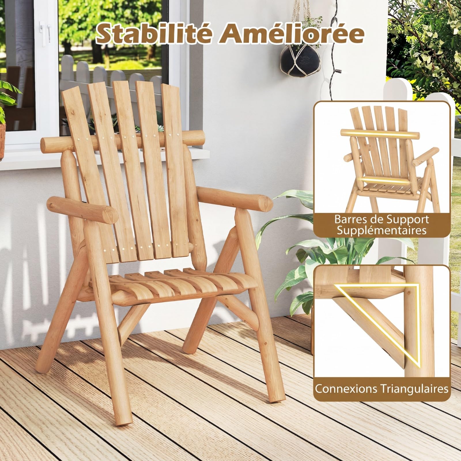 COSTWAY Chaise de Jardin en Bois Massif, Fauteuil Adirondack, Dossier Haut à Lattes, Assise Incurvée, Accoudoirs, Chaise Extérieur pour Terrasse Balcon Piscine, Charge 150 kg, 67x81x107 cm (Naturel)