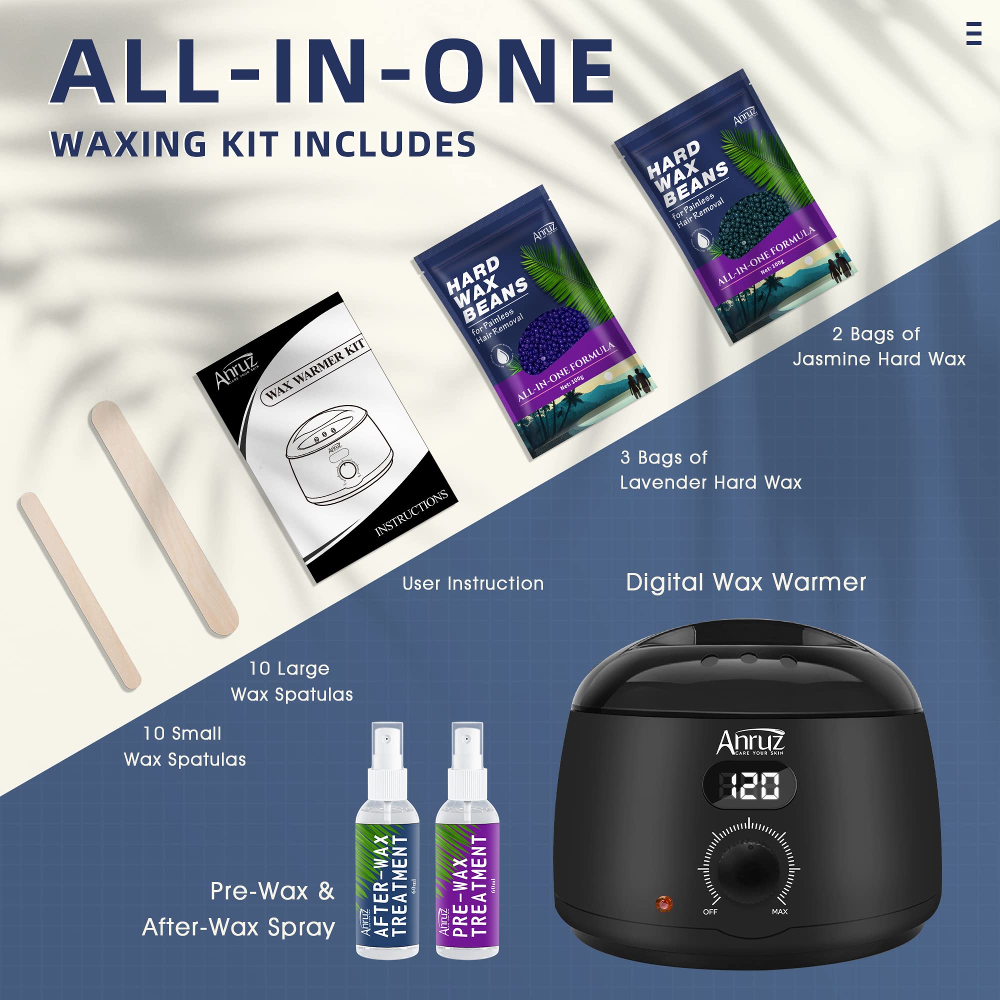 ANRUZ Waxing Set- Digital Wachswärmer Wachs Haarentfernung mit 500g Wachsperlen, ein Vor und Nachbehandlungslosion und 20 WaHausechsstäbchen- Wax Maschine für Ganzkörper zu Hause