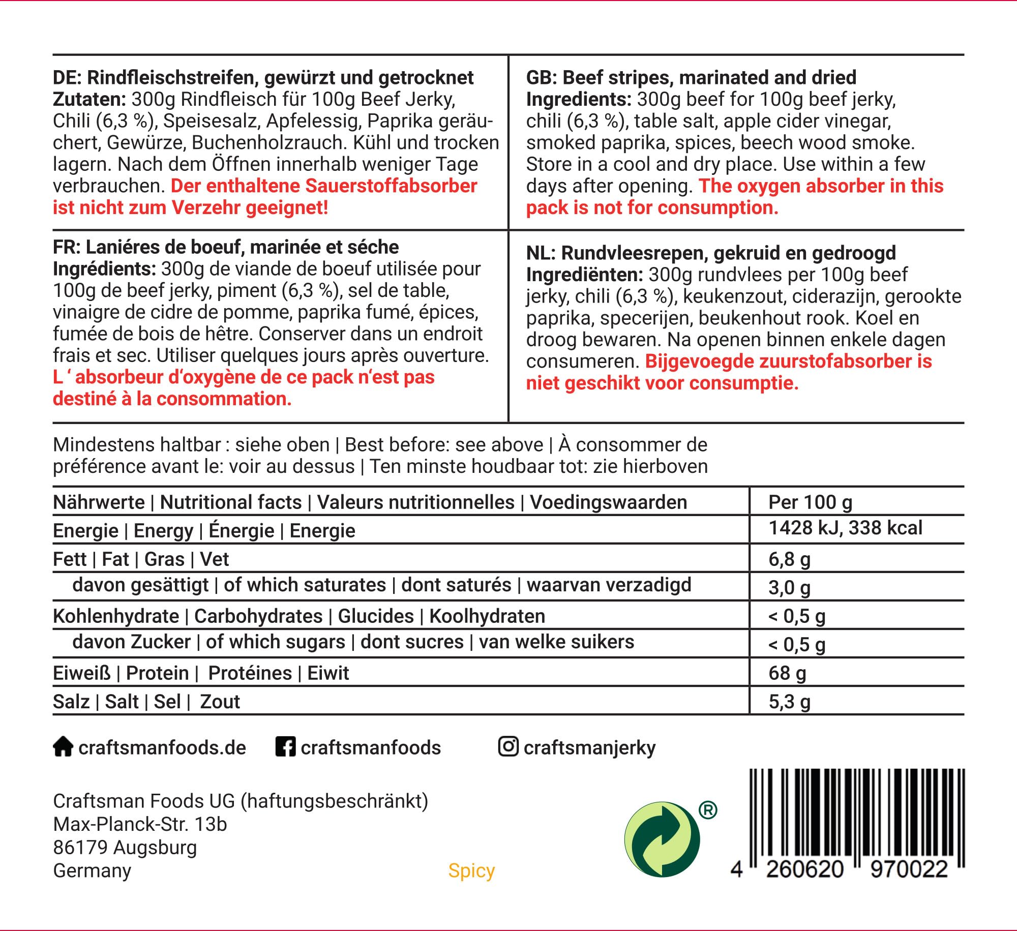 Craftsman Beef Jerky Spicy | Trockenfleisch aus Deutschland - Bayern | Set 5 x 100g = 500g | 100% natürlich ohne Zucker | 100% Rind | High Protein 68% | Dörrfleisch Chili Scharf