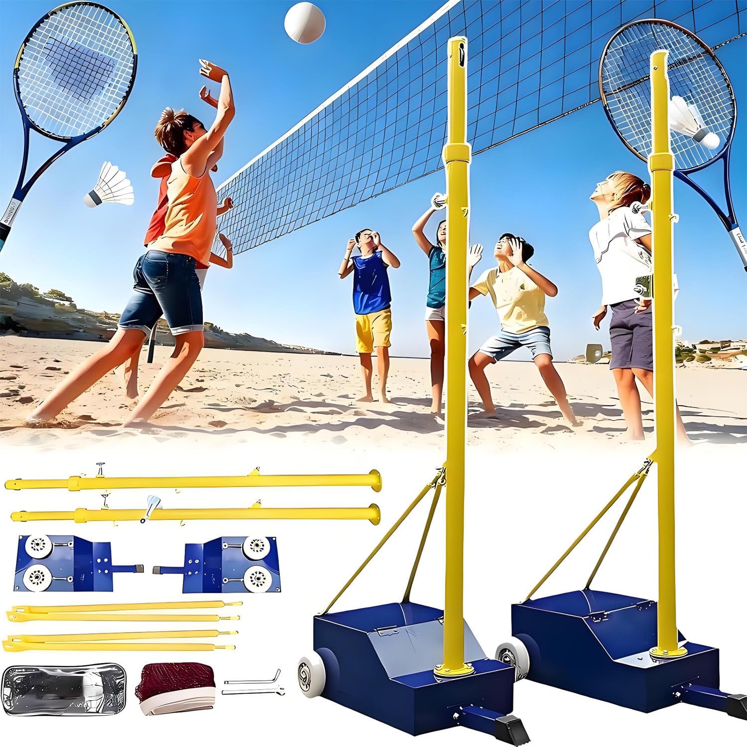 UORDBY Volleyball & Badminton Poles Set with 2 Nets, Height Adjustable (5.1-6.89ft) Heavy Duty Portable Stand, Casters for Easy Movement, Indoor Outdoor Use