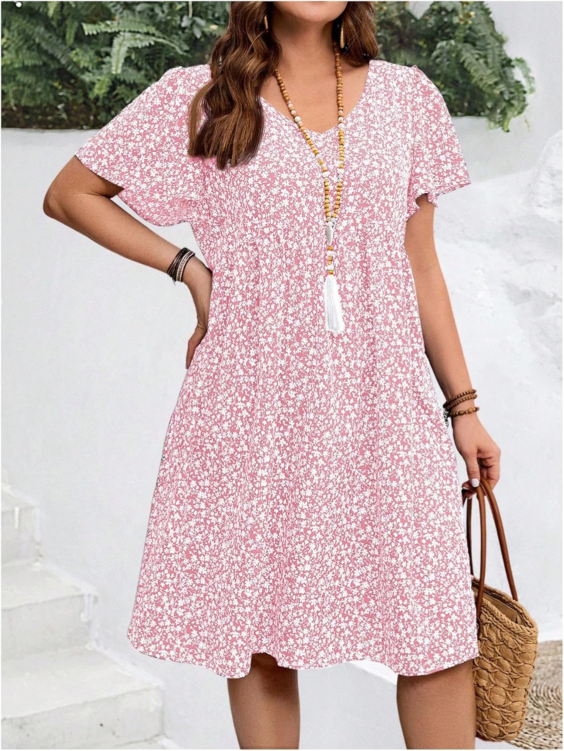 SOLY HUX Women's Plus Size Boho Floral Dress V Neck Short Sleeve Flowy Vacation Summer Dresses - Image 3