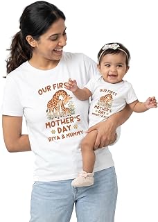 Zeezeezoo Our First Mother’s Day Mom & Baby Matching Outfit Set | Custom Name Printed T-Shirt & Romper Combo | Cute Giraff... Price In India
