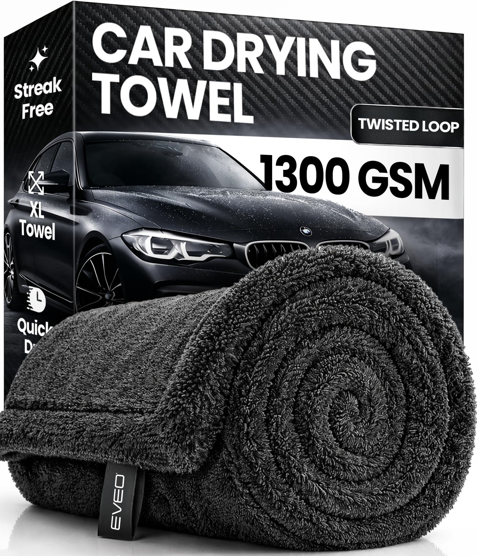 EVEO Car Drying Towel - (1300 GSM) XL Drying Towels Car Detailing - Car Microfiber Towel (36"x24") Microfiber Drying Towels for Cars Towels Drying, Car Wash Towels, No Scratch, Ultra Absorbent - Grey
