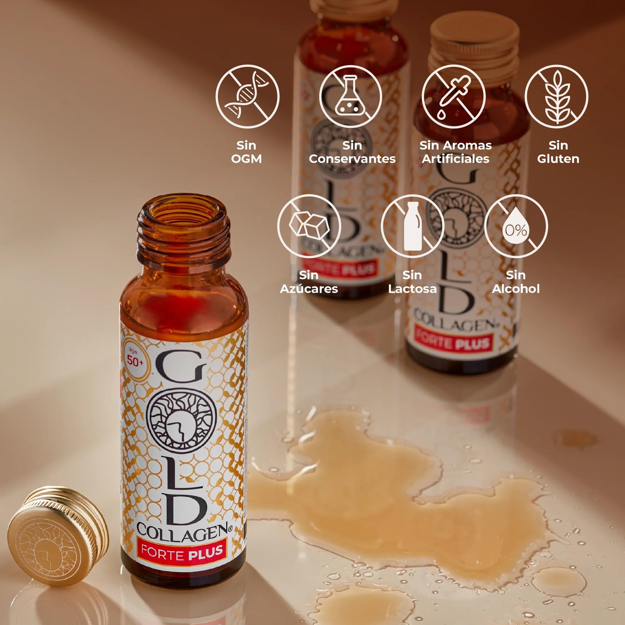 GOLD COLLAGEN New Forte Plus - Complemento con 8g de Colágeno Marino Hidrolizado y Biotina para el Cabello para Piel y Sistema Inmunitario, Vitamina C y Ácido Hialurónico, 1 Caja x 10 Botellitas 50 ml