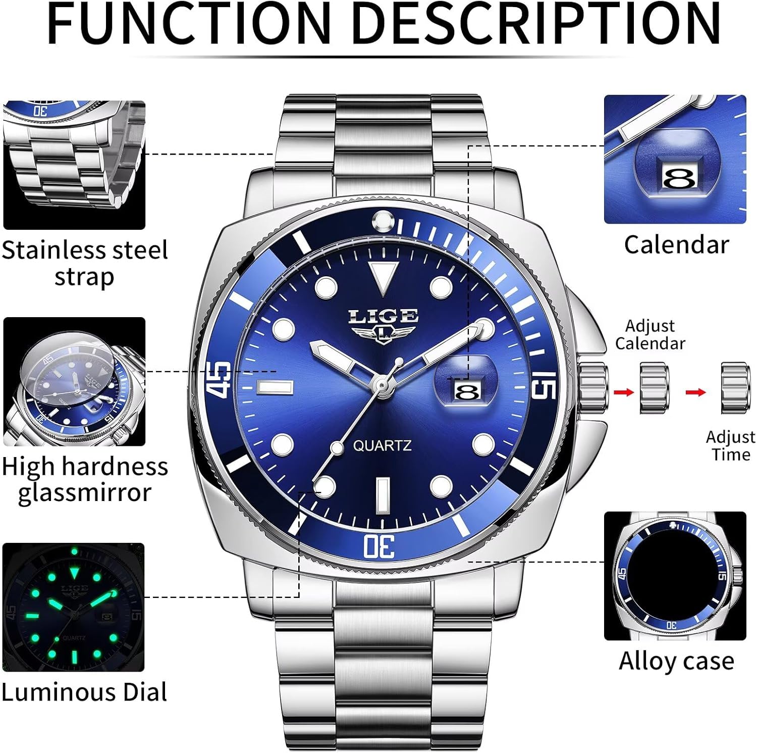 Quartz Watches for Men,Stainless Steel Waterproof Analog Watch,Luxury Big Face Durable Alloy Strap Mens Watches,Date Luminous Business Dress Watch for Men - Image 6
