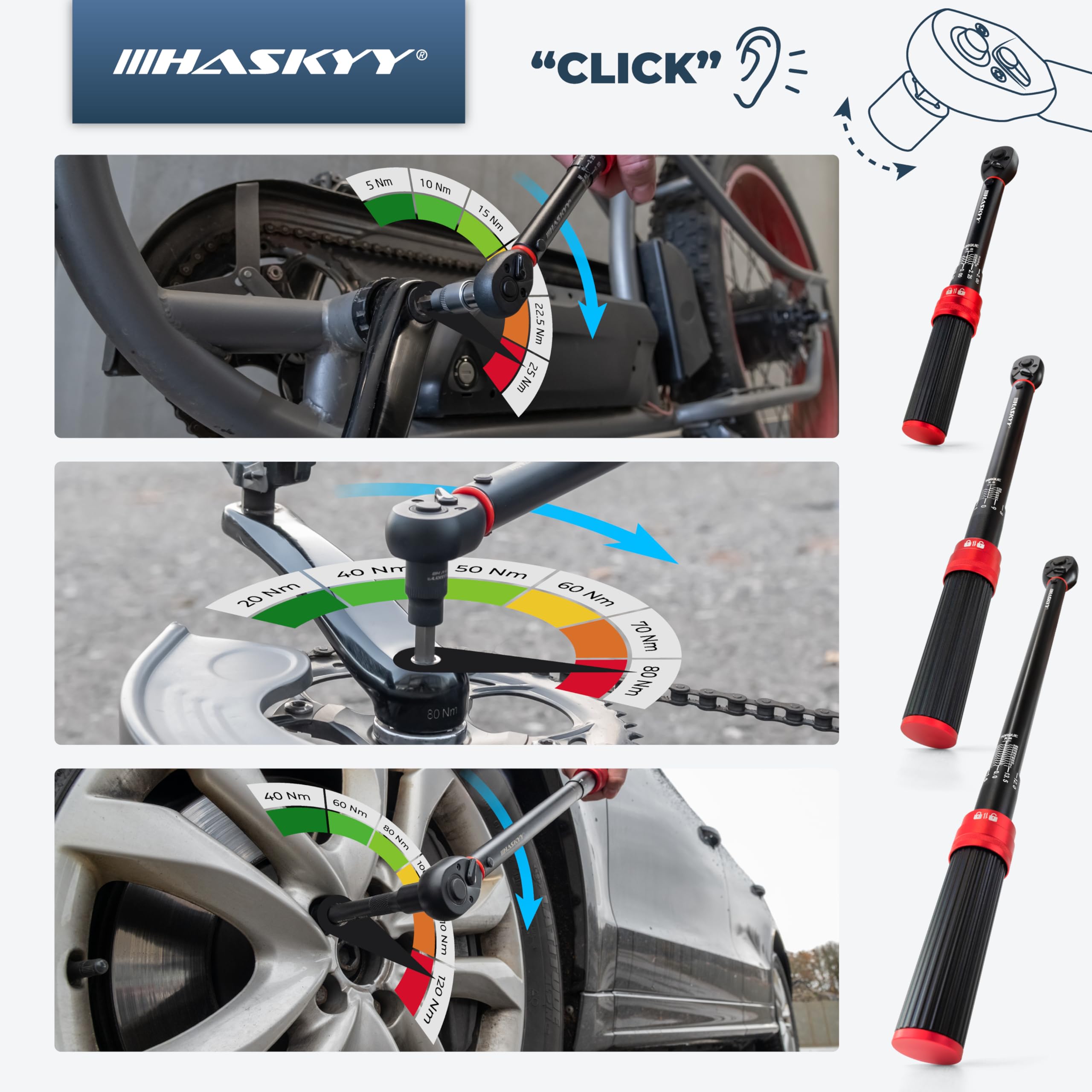 HASKYY Zestaw klucza dynamometryczny 1/4" 3/8" 1/2" 5-25 Nm 20-120 Nm 65-350 Nm, 3-częściowy rower motocyklowy, silnik, samochód przemysłowy, do samochodu, momentu obrotowego, grzechotki