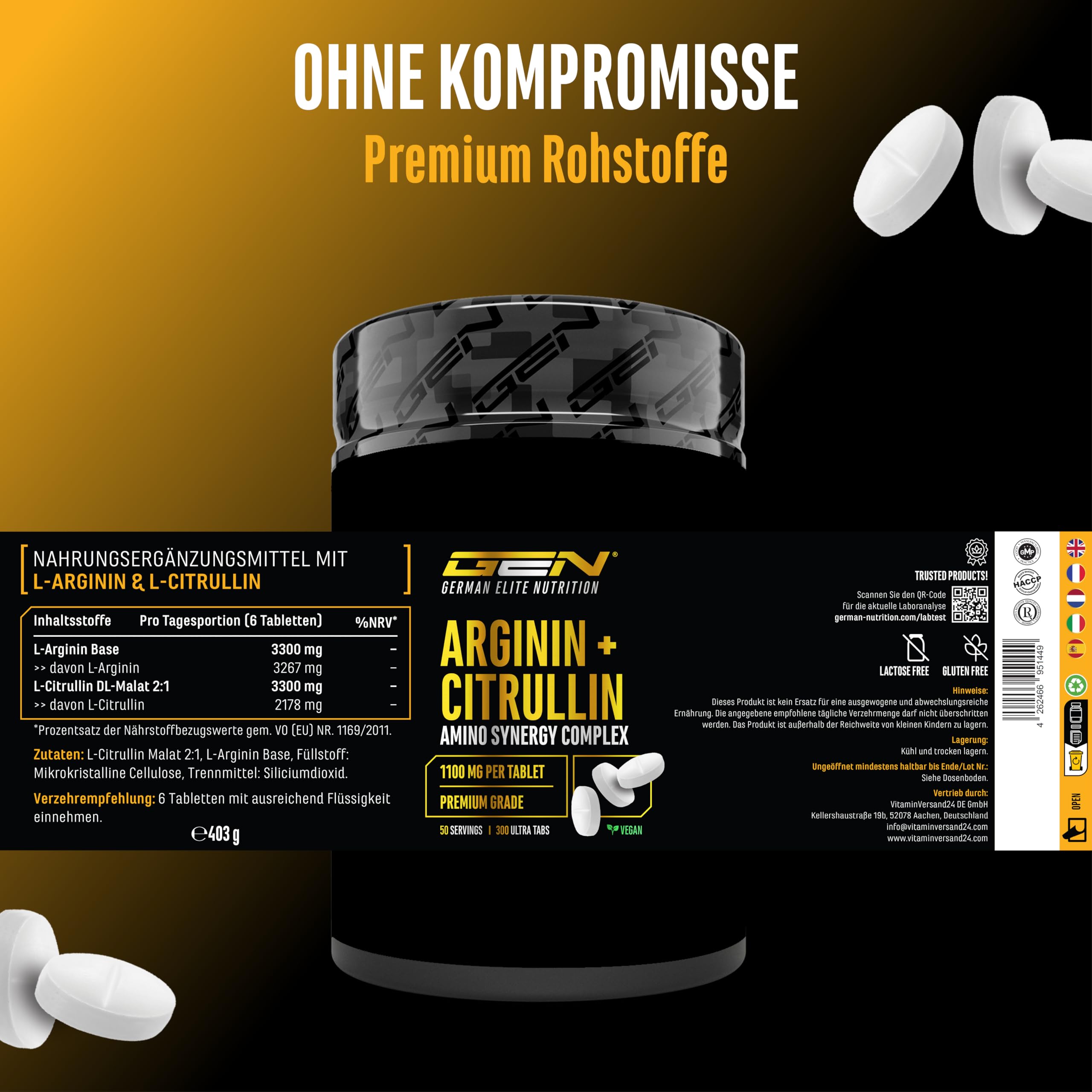 GEN GERMAN ELITE NUTRITION L-Arginin + L-Citrullin Ultra Tabs 300 Tabletten | 1100 mg, 6600 mg Tagesportion, Arginin Base, Citrullin Malat 2:1, vegan