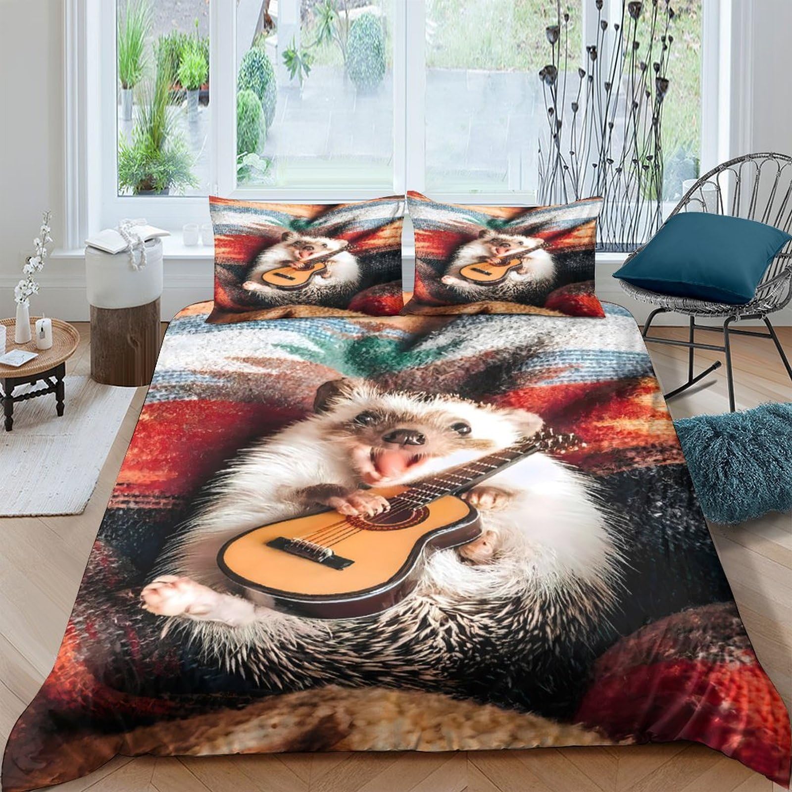 GPLZQXKJNH 3D Printed Hedgehog Guitar Duvet Cover Microfiber Soft Breathable Autumn Bedding Set with 2 Pillowcases for Bedroom Single（135x200cm）