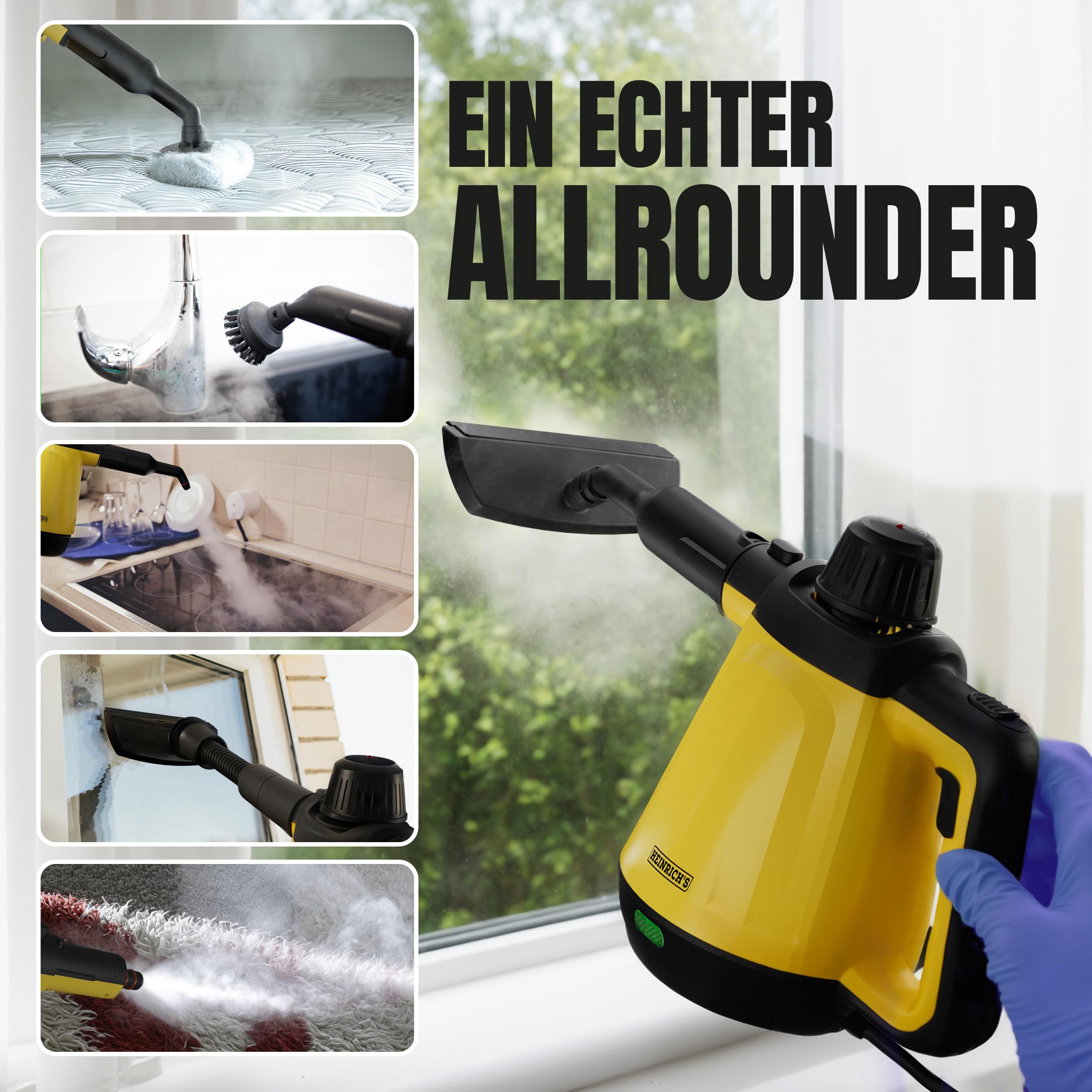 HEINRICHS Dampfreiniger, Handdampfreiniger für zuhause, Steam Cleaner, kurze Aufheizzeit 5 min., 400ml Wassertank, 3,5 Bar Dampfdruck, 5m Kabel, für Auto, Küche, Bad, Polster, Boden, Fenster, 1200W