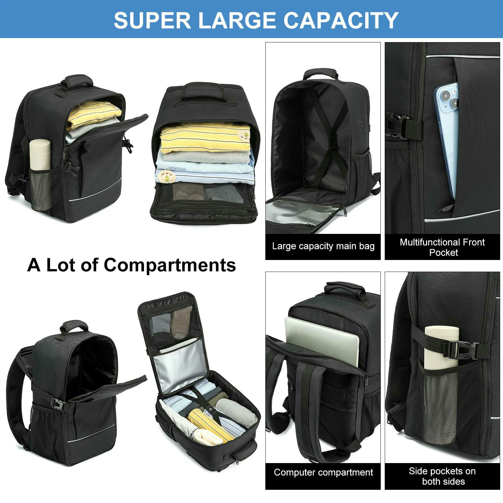 Zaino di Cabina 40x20x25 Borsa Viaggio con Riflettente Unisex Bagaglio A Portata Scomparto per Laptop-nero-15 Pollici