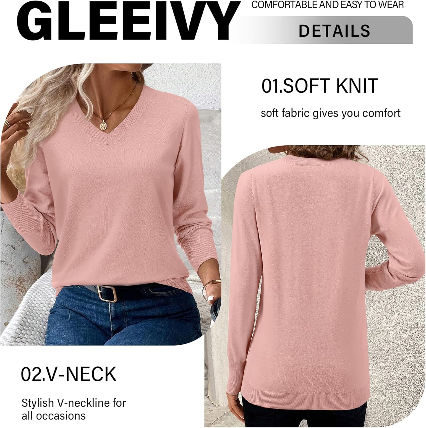 Women's Spring Sweaters 2026 Casual Long Sleeve Pullover V Neck Lightweight Sweatshirts Cute Blouse Tops - Image 3