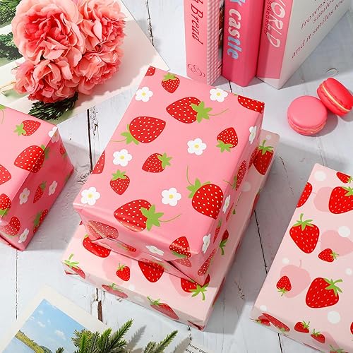 Miniatura 5 de AnyDesign - 8 hojas de papel de regalo de fresa rosa, no enrollado, papel de regalo de fruta de primavera, papel de arte a granel plegado plano para