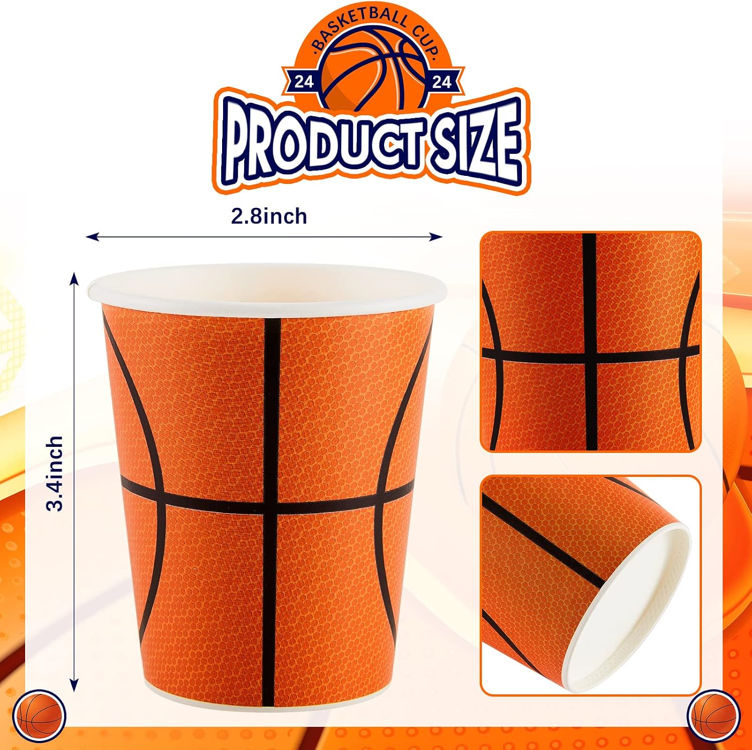 Cunhill 36 Pcs 9 oz Basketball Party Paper Cups Party Supplies Disposable Paper Drinking Cups for Birthday Decorations Sport Picnics