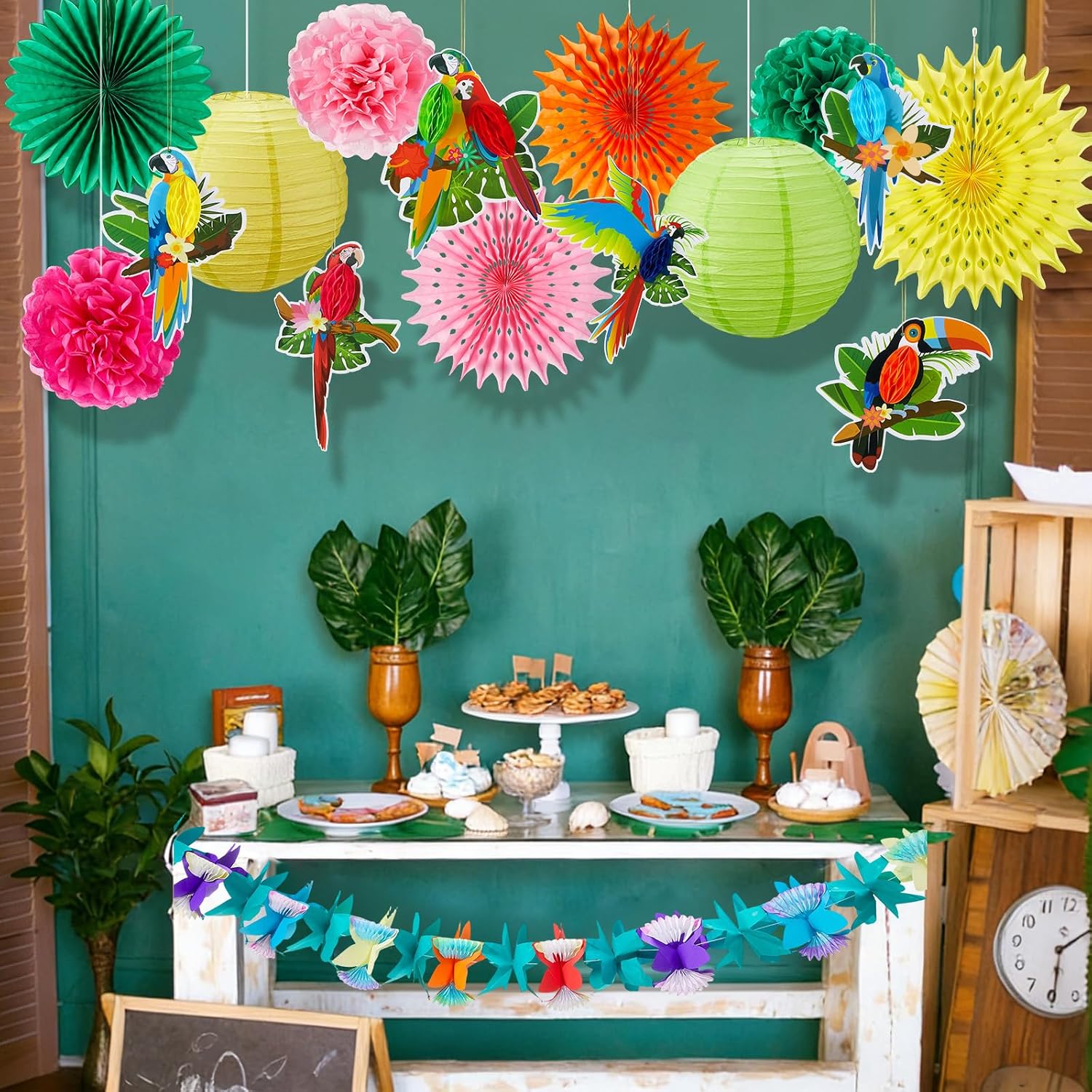 Frienda 19 Pcs Tropical Luau Party Decorations Kit, Hawaiian Decorations with Parrot Honeycomb Garlands, Paper Fans, Lanterns, Pom Poms and Hibiscus Banners for Tiki Bar Beach Jungle Party