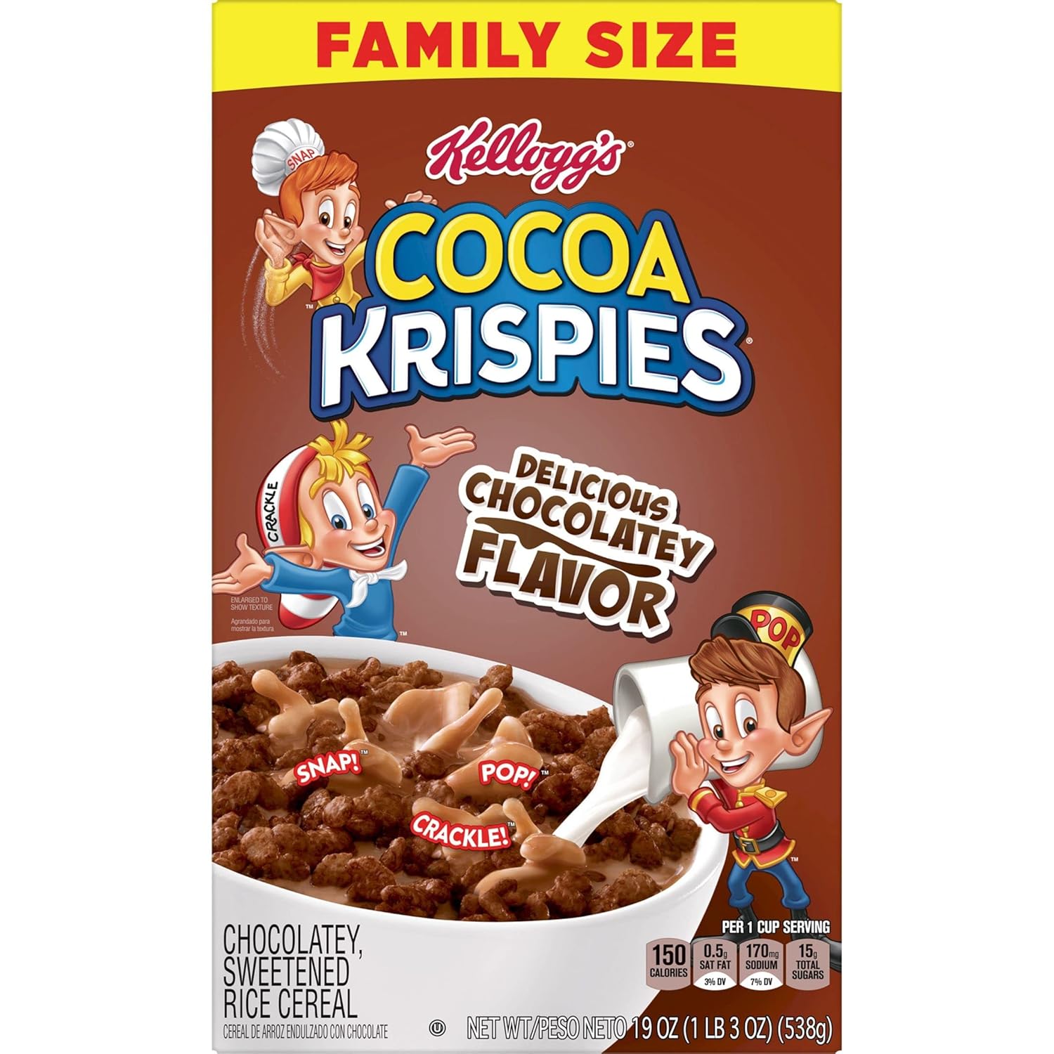 Kellogg's Cocoa Krispies Breakfast Cereal, Kids Snacks, Family Breakfast, Family Size, Chocolatey Flavor (8 Boxes)