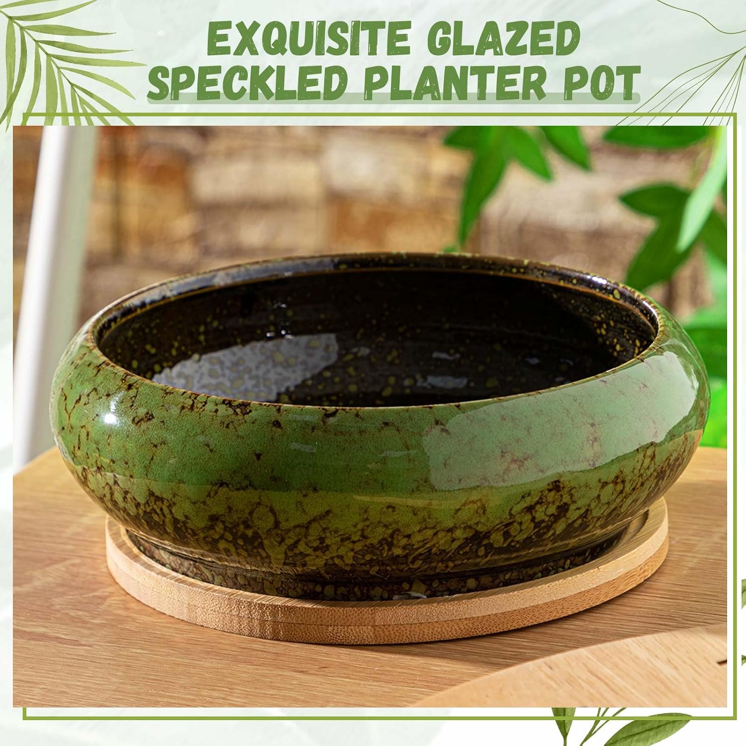 2 Pack 7.3 Inch Round Large Shallow Succulent Ceramic Planter Pots with Drainage Hole Drip Glazed Shallow Bonsai Pot with Bamboo Tray for Indoor Outdoor Plants Decor Cactus Flower