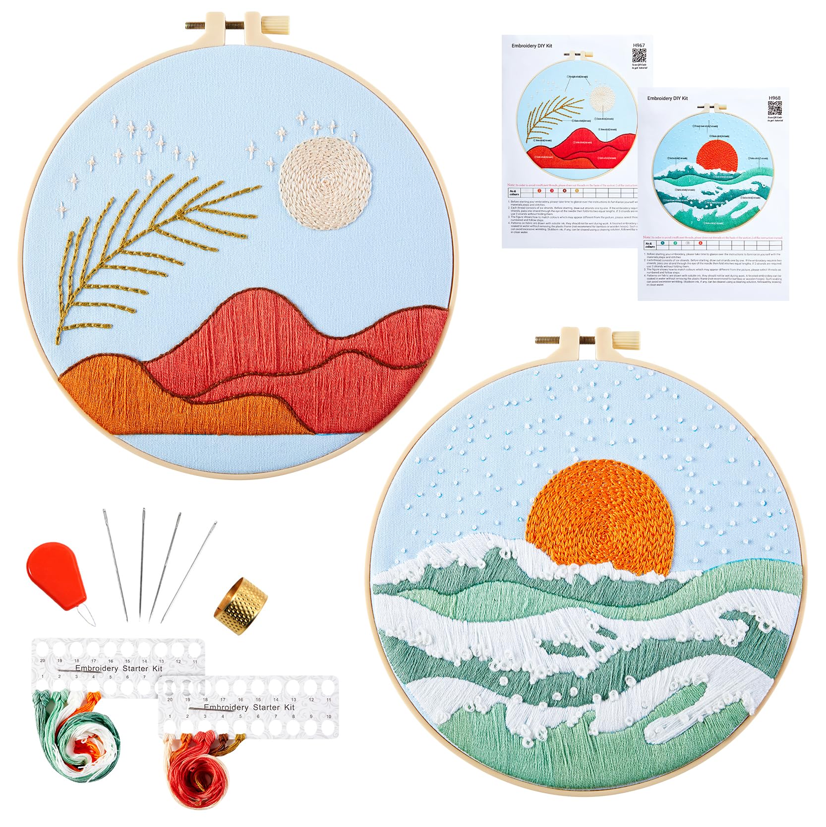 Armindou Hand Embroidery Starter Kit for Beginners Adults, Counted Cross Stitch kit for Adult Beginner, Stamped Embroidery Needlepoint Kit, 2 Set Embroidery Supplies, 2 Hoops (Attached Video Tutorial) - 8inch - Red