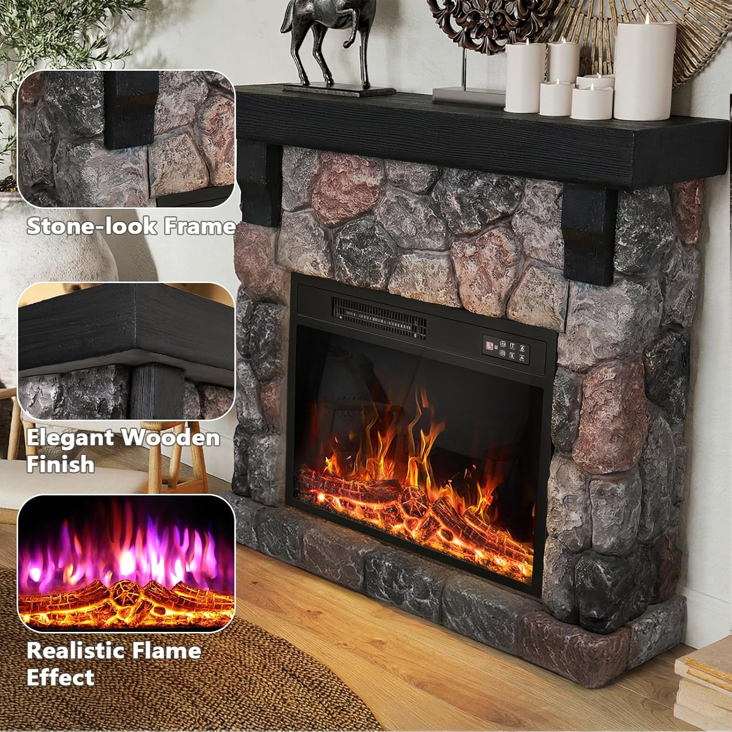 PUKAMI Electric Fireplace with Mantel, Freestanding Stone Fireplace Heater TV Stand with Remote Control, Realistic Flame Effect and 3D Log, 750W/1500W (36 inch)