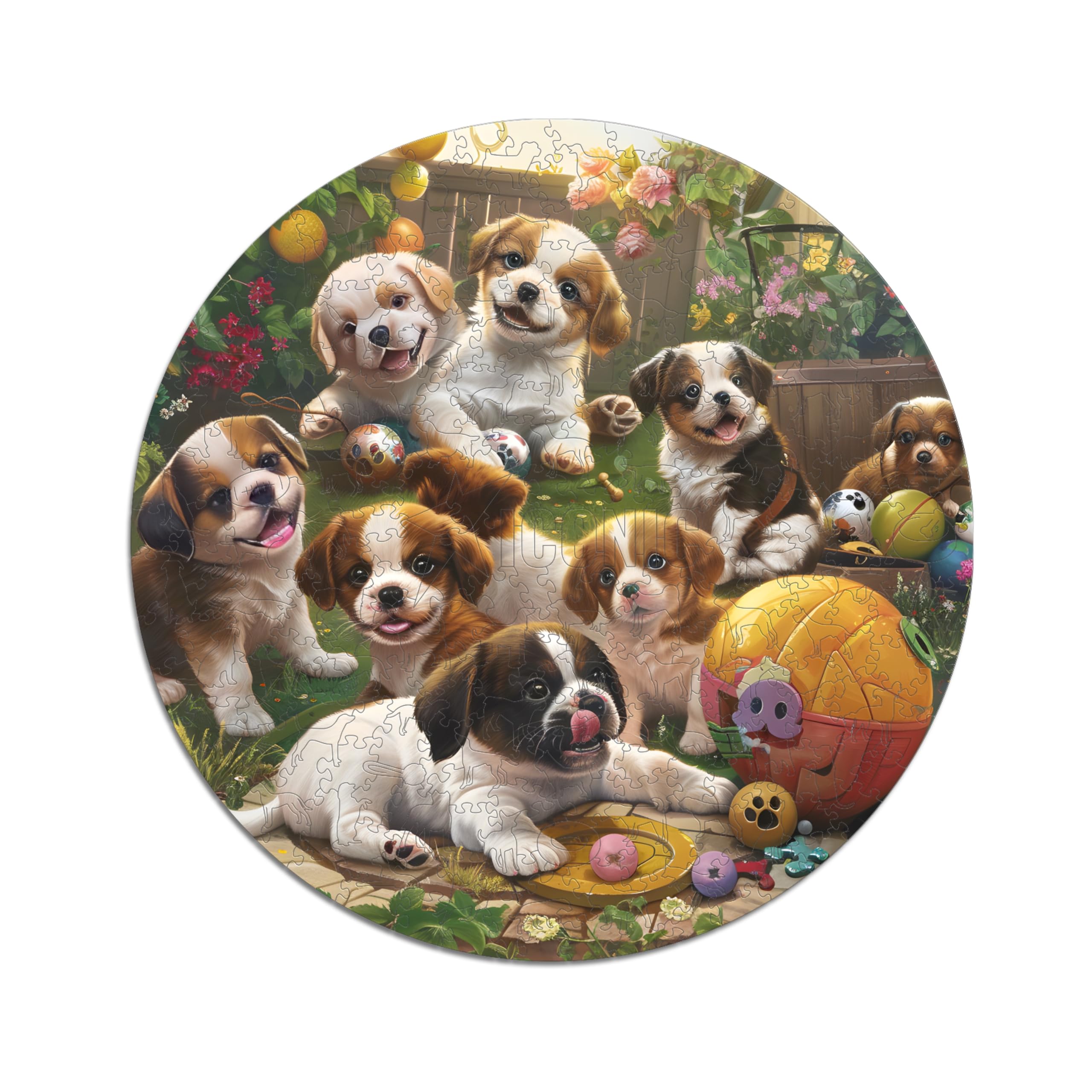Iconic Puzzles - Cachorros en el Jardín, Animales de fantasía, Puzzle de Madera 100% Sostenible, Regalos para Niños y Adultos, Talla M, 350 Piezas