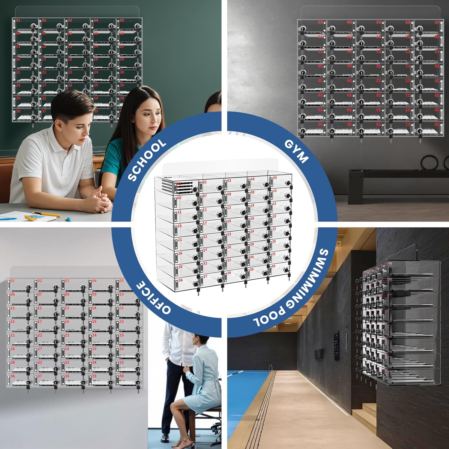 Cell Phone Storage Locker 40 Slots Acrylic Material with Door Locks and Keys, Wall-Mounted Cell Phone Storage Cabinet for Office Classroom Gym Firms, Lockers for Storage, Clear (40 Slots)