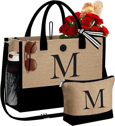 YOOLIFE Bolsa de yute con inicial y bolsa de maquillaje, bolsa de playa con bolsillos, correa ajustable, regalo de cumpleaños para el día de la