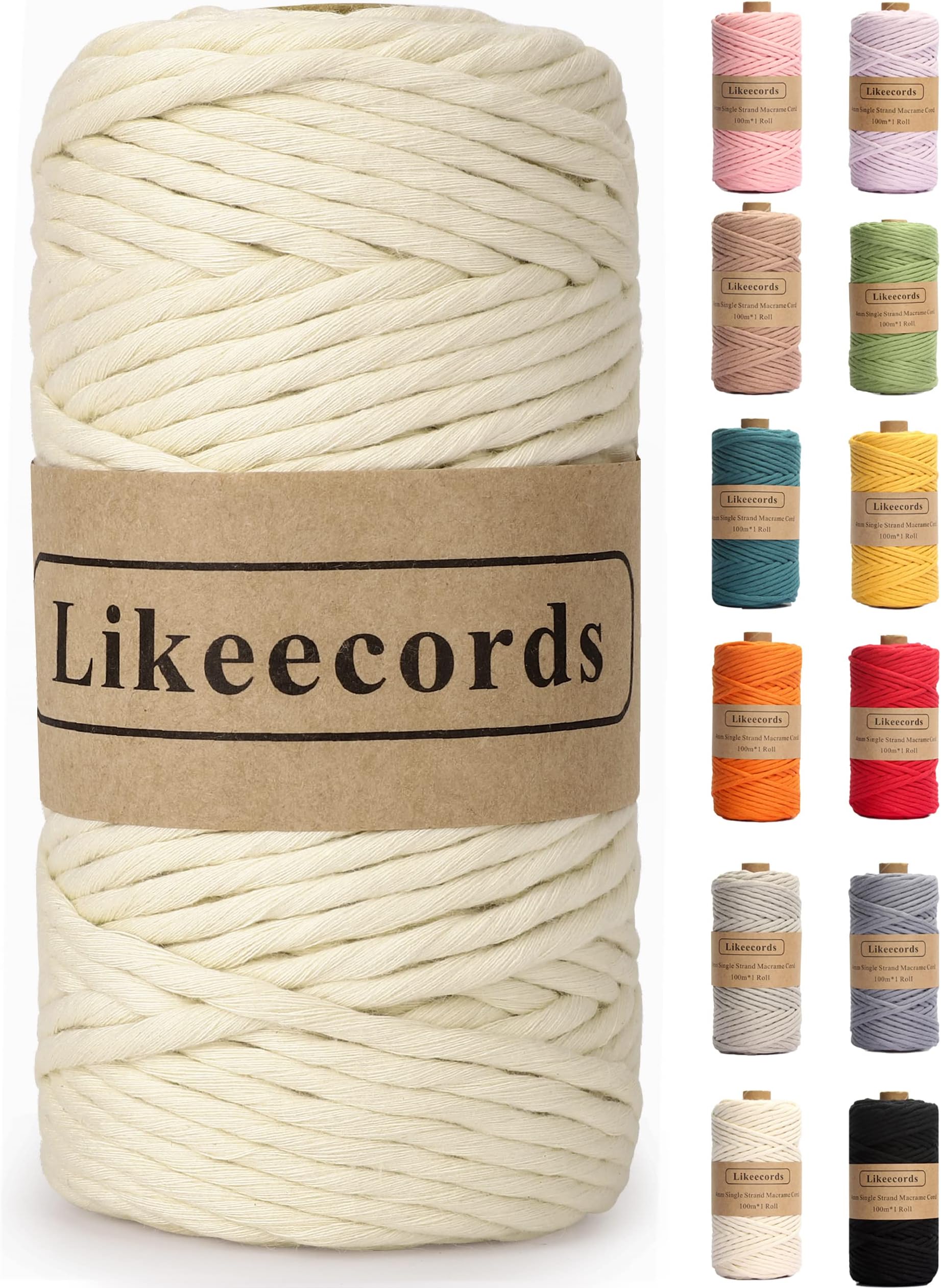 4mm Single Strand Macrame Cord Rope 80m Handmade Decorations Softer Natural Cotton Bohemia DIY Wall Hanging Plant Hanger Craft Making Knitting Cord Rope (Naturel White)