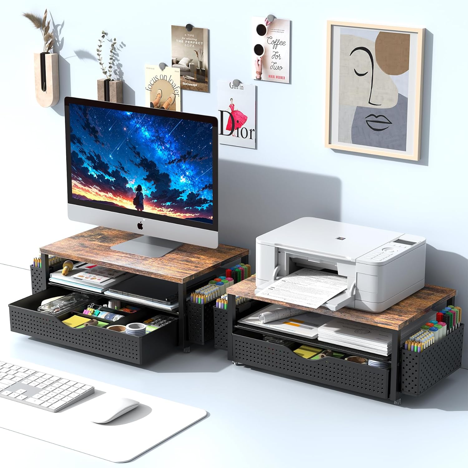 Spacrea Desk Organizer and Accessories, Computer Monitor Stand Riser with Drawer and 2 Pen Holders, Office Desk Accessories & Workspace Organizers for Office Supplies (Wood)
