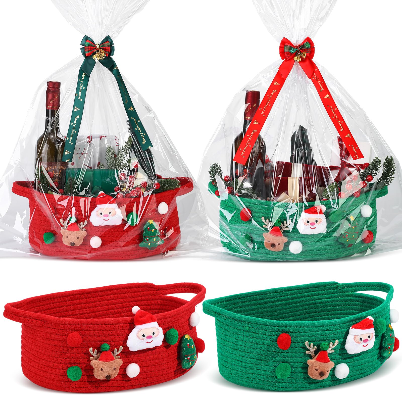 Honeydak Geschenkkorb mit Zellophan und Schleife, leer, Weihnachtsmann, Hirsch, Baum, gewebter Korb mit Griff für Weihnachtsgeschenkverpackung, Heimdekorationen, 4er-Set