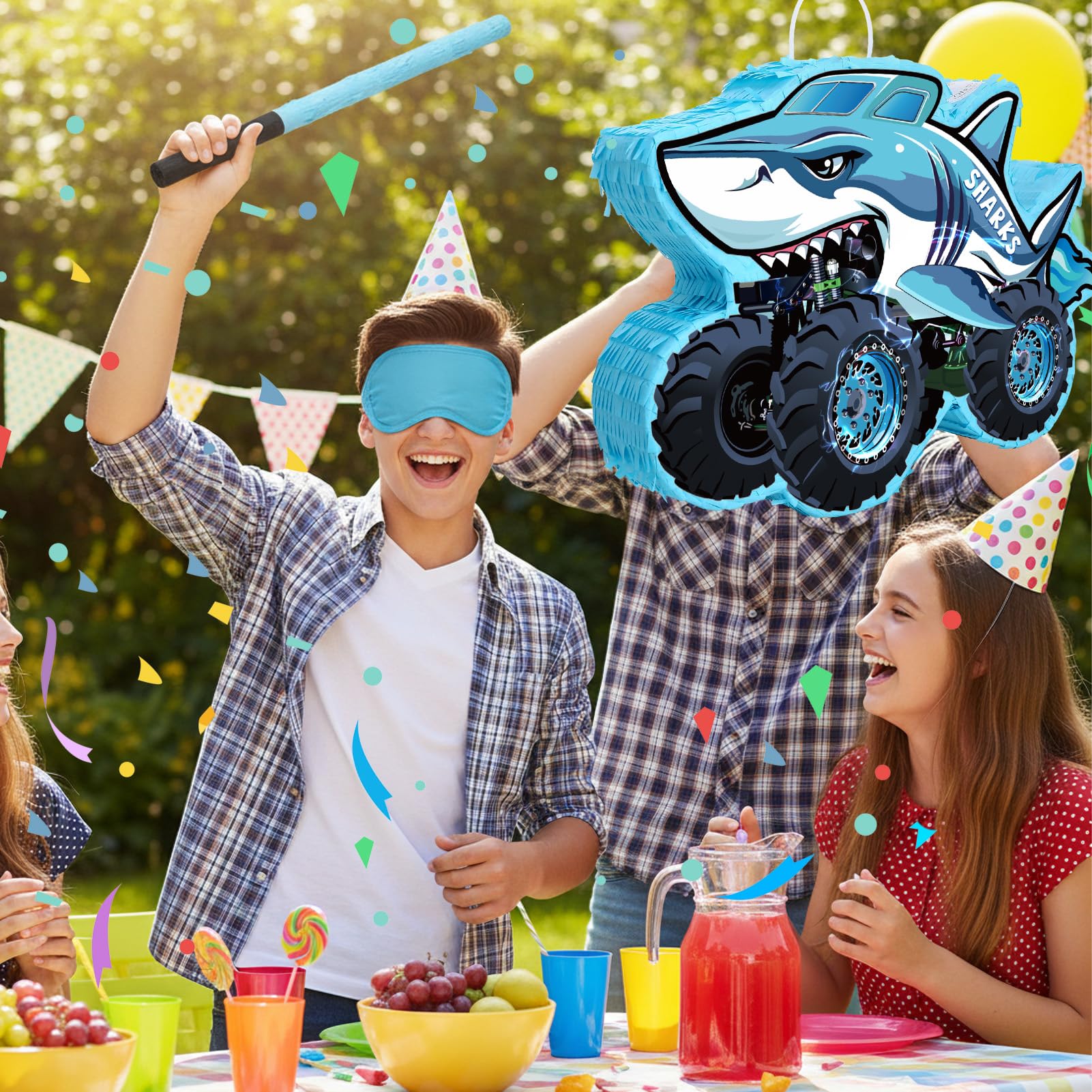 Piñata Shark Truck - Piñata de camión monstruo con venda para los ojos y murciélago para fiestas de cumpleaños, piñata de camión monstruo para decoraciones temáticas de 16 x 12 x 3 pulgadas