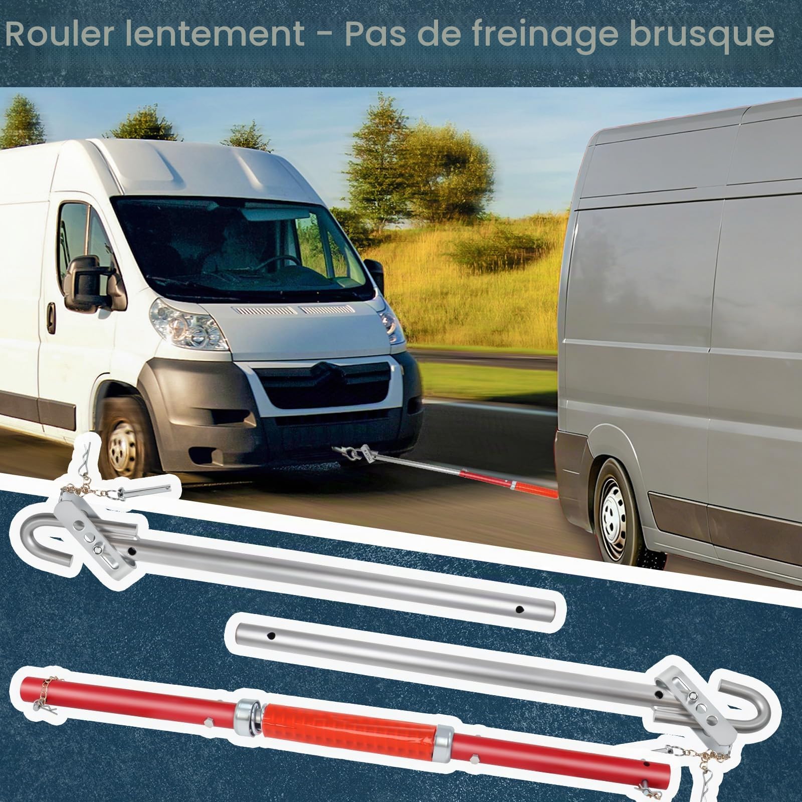 Gekufa Barre de remorquage pour voiture 3T - 3 pièces galvanisées avec amortisseur à ressorts, 196 cm, aide au remorquage pour voiture, jusqu'à 3000 kg