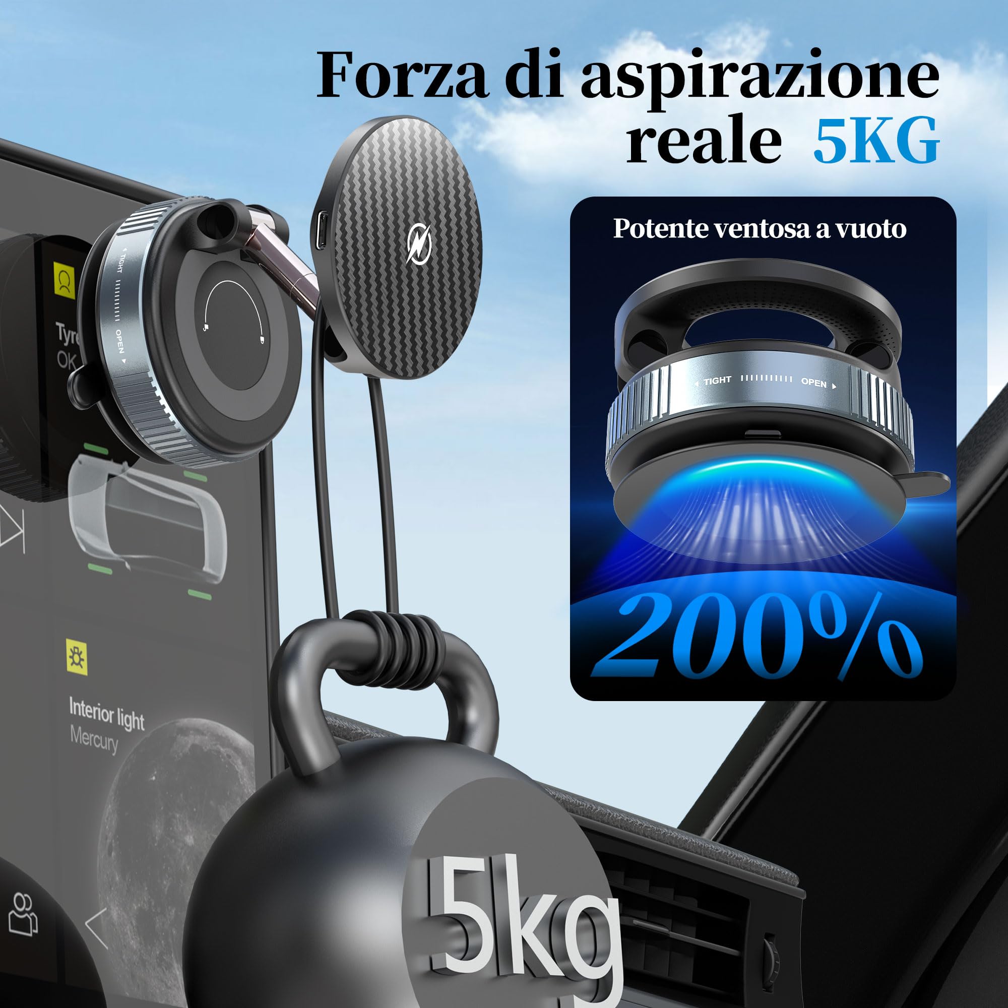 PlusAcc Supporto per cellulare per auto con funzione di ricarica – Ventosa girevole a 360° pieghevole magnetico per Magsafe iPhone 17/16/15/14/13/12 Samsung S20-S25 su parabrezza/cruscotto
