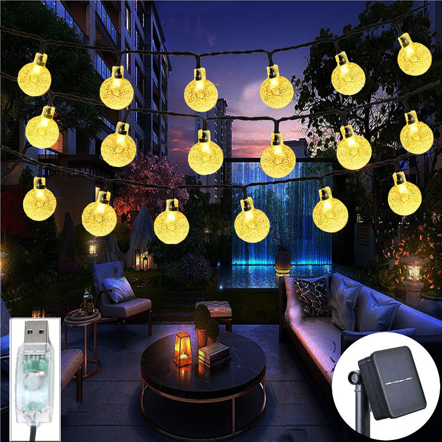 36Ft 60Led Solar &USB String Lights Globe Crystal Balls Waterproof LED Fairy Lights for Garden Yard Home Party Wedding Decoration Warm White
