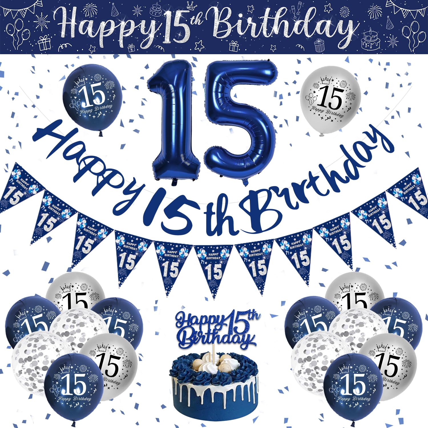 15th Birthday Decorations Boys, Blue and Silver Happy 15th Birthday Banner, Navy Blue and Sliver 15th Birthday Balloons, Confetti Balloons 15th Party Decorations for Boy, 15th Birthday Party Supplies