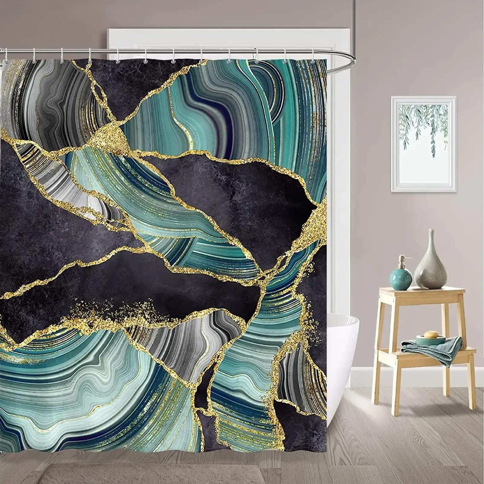 Schwarz-grüner Marmor-Duschvorhang, luxuriöser moderner Tintenkunst-Duschvorhang aus wasserdichtem Stoff für Badezimmer, 180 x 300 cm