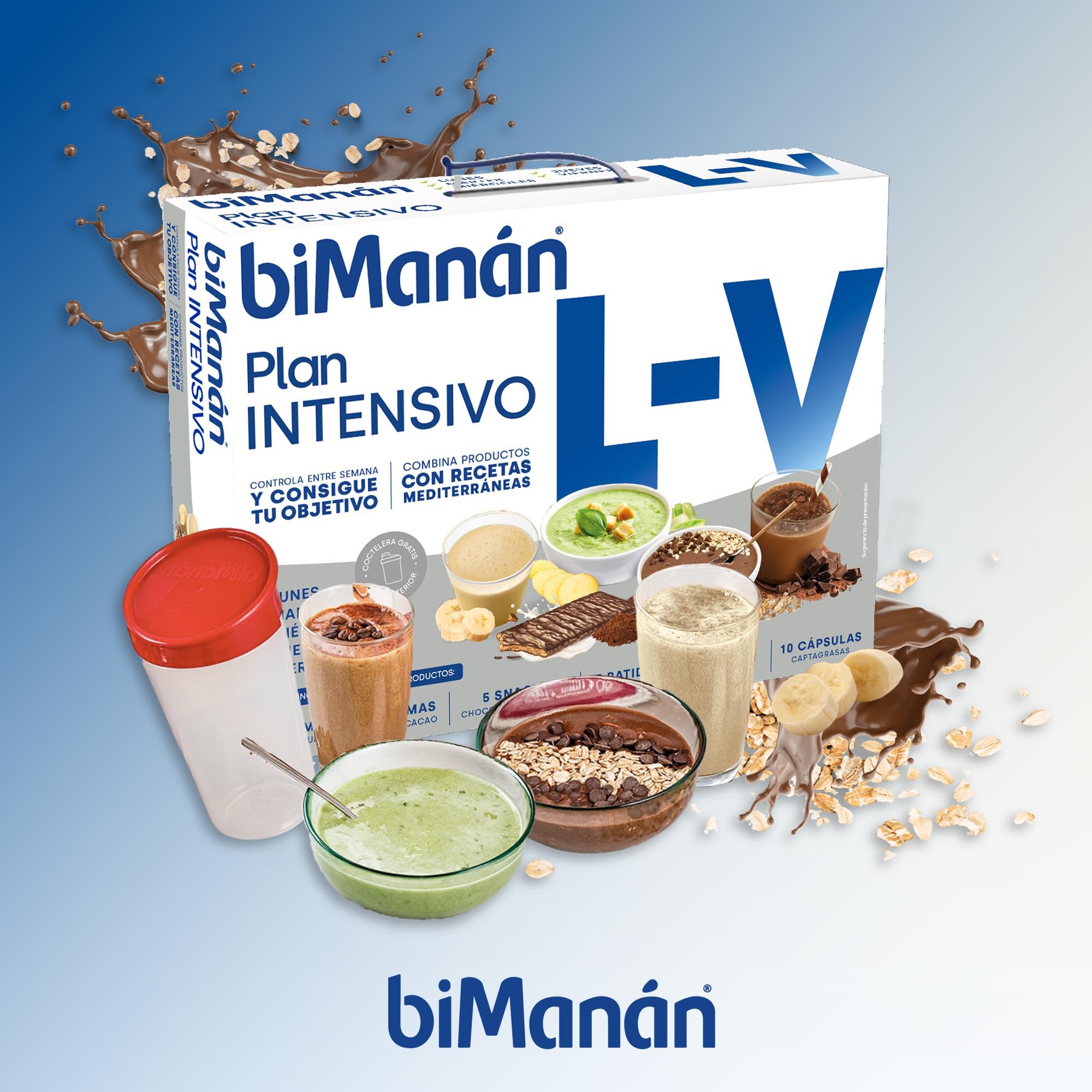 BiManán - Plan Intensivo de Lunes a Viernes, Sustitutivos para el Control del Peso, Incluye Batidos, Cremas, Barritas, Cápsulas Captagrasas y una Coctelera, con Vitaminas y Minerales
