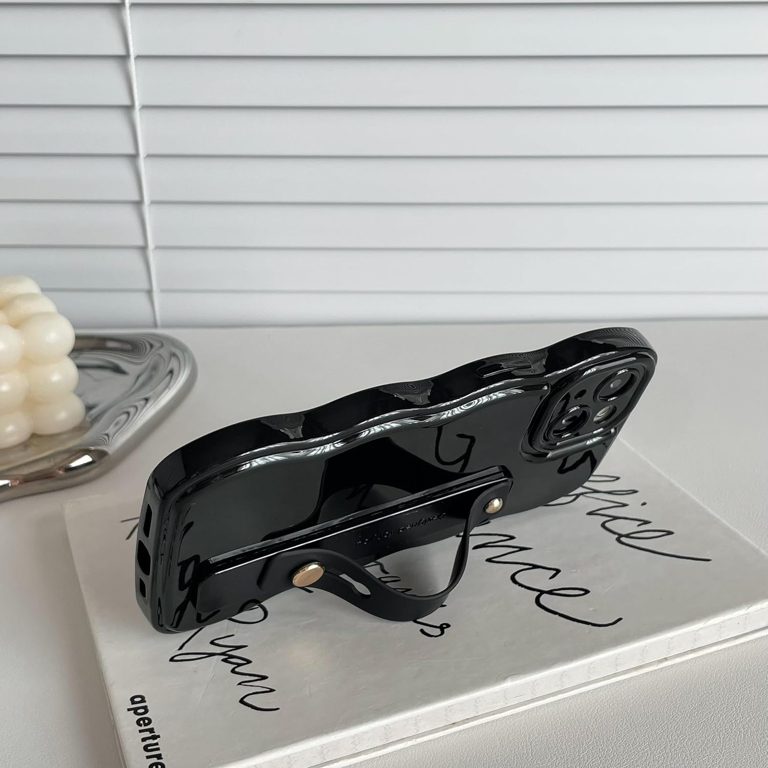 FABSPARK Phone Case for iPhone 14 with Flexible Adjustable Soft Finger Hand Wrist Strap Holder Kickstand,Wave Design Wavy Frame Silicone Aesthetic for iPhone 14 Phone Case,Beige - Image 4