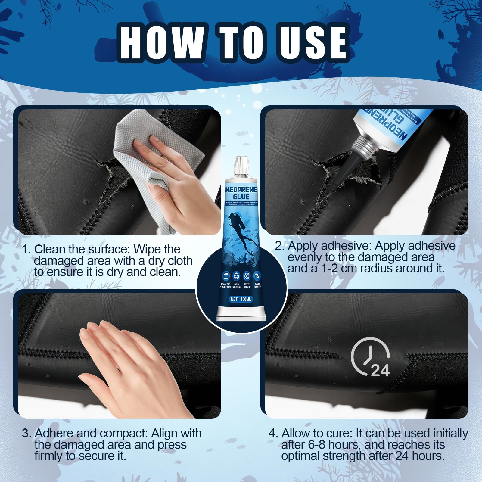 Allony Neoprene Adesivo, Colla Neoprene per Muta, Colla per Riparare Muta in Neoprene, Impermeabile e ad Asciugatura Rapida, Adatto per Riparare Buchi e Strappi su Mute, Waders, Nero, 100ML