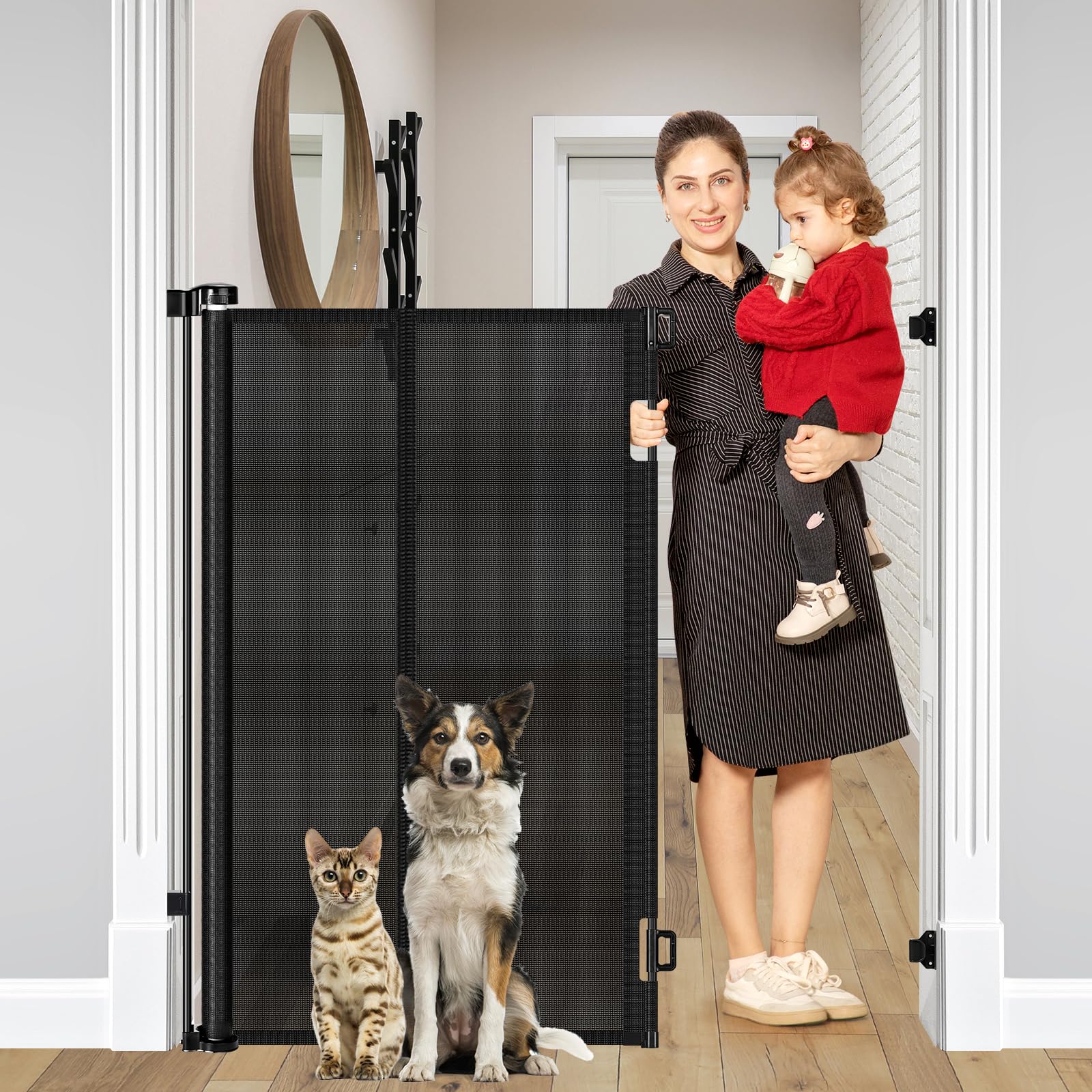 Reinforced 48" Extra Tall Pet Gate with Support Rods, 4 Ft Tall Retractable Baby Gates for Doorways 55" Wide Mesh Dog Gate Indoor Outdoor - Prevent