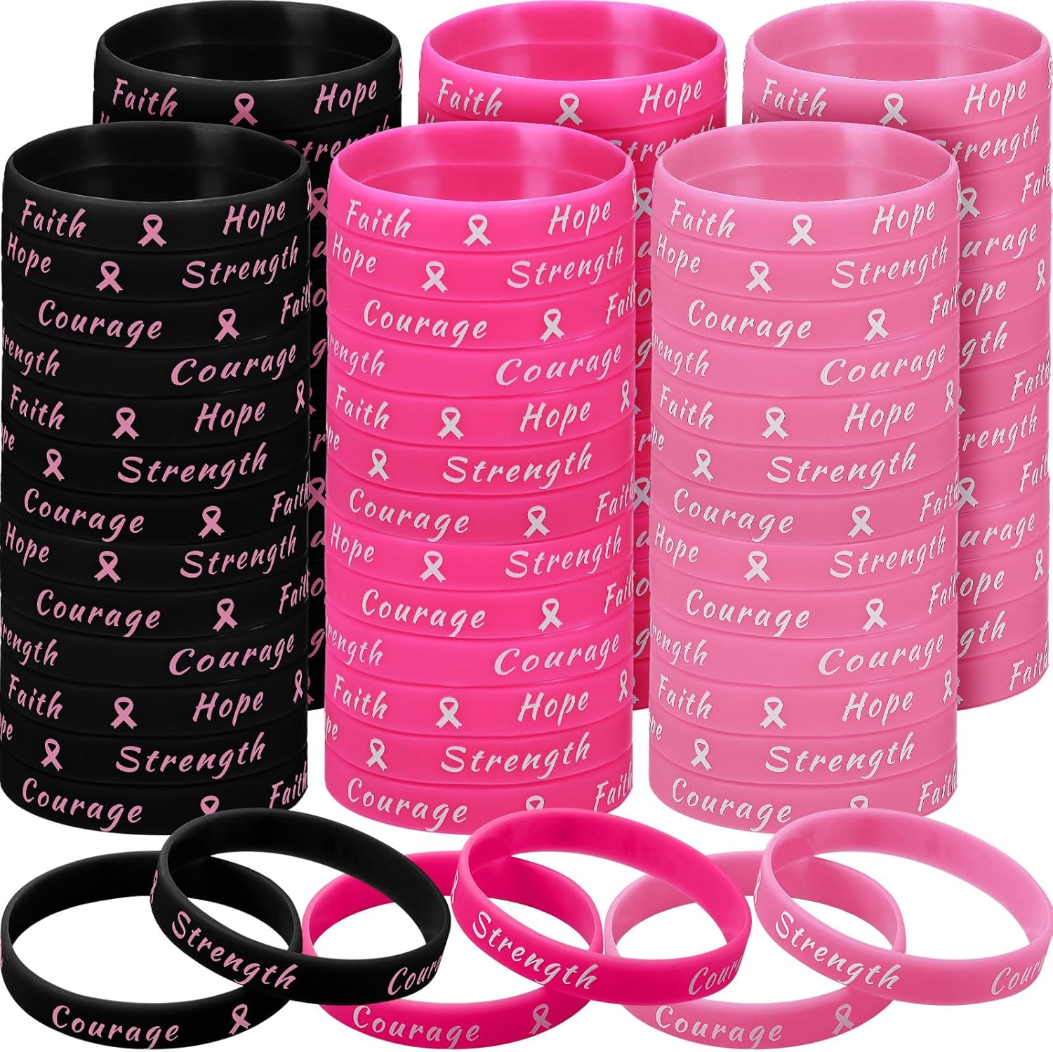 Sratte 200 Pcs Breast Cancer Awareness Bracelets Silicone Ribbon Rubber Wristbands Hope Faith Inspiring Strength for Women Party Public Events Breast Cancer Gifts